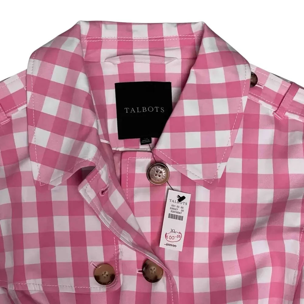 Talbots NWT Gingham Trench Coat Size XL Pink White Belted Cotton Blend Jacket - Picture 6 of 9